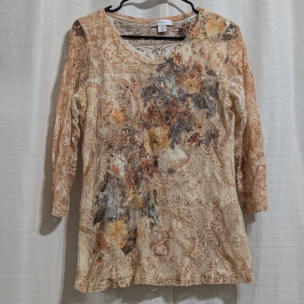 4/$20 Christopher & Banks Women's Floral Lace Blouse Size M Tan Brown whimsigoth